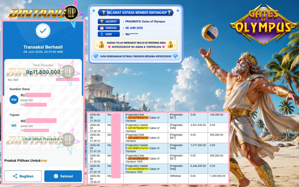 BINTANG4DP JACKPOT PRAGMATIC “Gates of Olympus” Rp11.800.000,- LUNAS