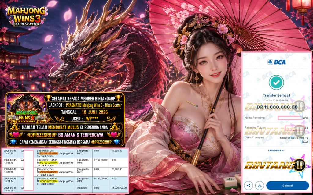 BINTANG4DP JACKPOT PRAGMATIC “Mahjong Wins 3 – Black Scatter” Rp11.000.000,- LUNAS