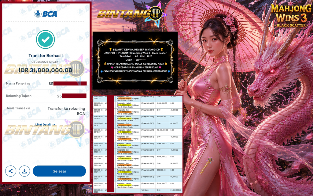 BINTANG4DP JACKPOT PRAGMATIC βMahjong Wins 3 β Black Scatterββββββ Rp31.000.000,- LUNAS