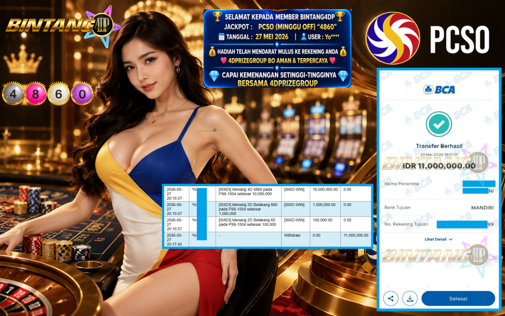 BINTANG4DP JACKPOT PASARAN PCSO (MINGGU OFF) “4860”‎‏‏‎ Rp11.000.000,- LUNAS