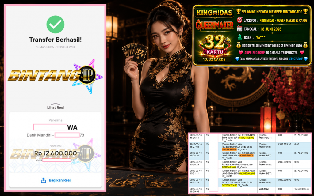 BINTANG4DP JACKPOT KING MIDAS – QUEEN MAKER “32 Cards” Rp12.600.000,- LUNAS