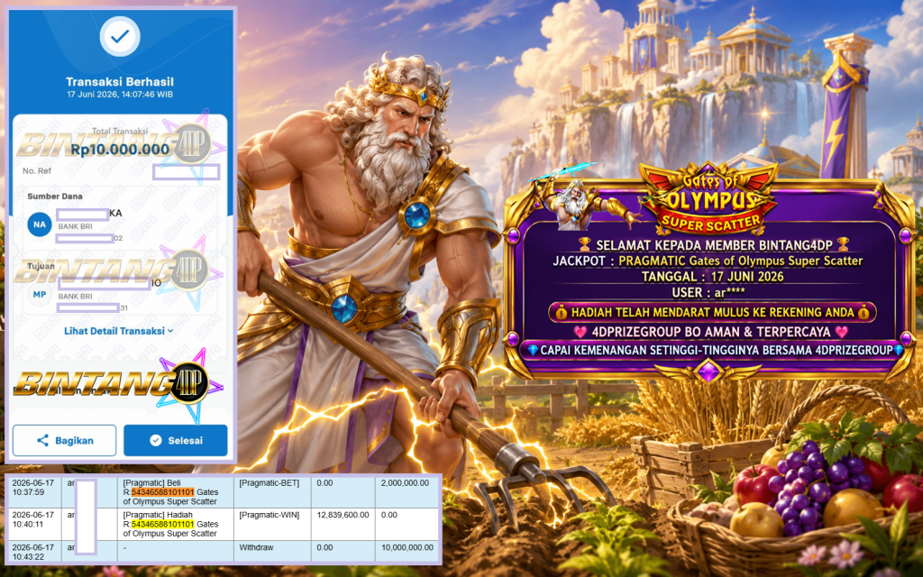 BINTANG4DP JACKPOT PRAGMATIC “Gates of Olympus Super Scatter” Rp10.000.000,- LUNAS