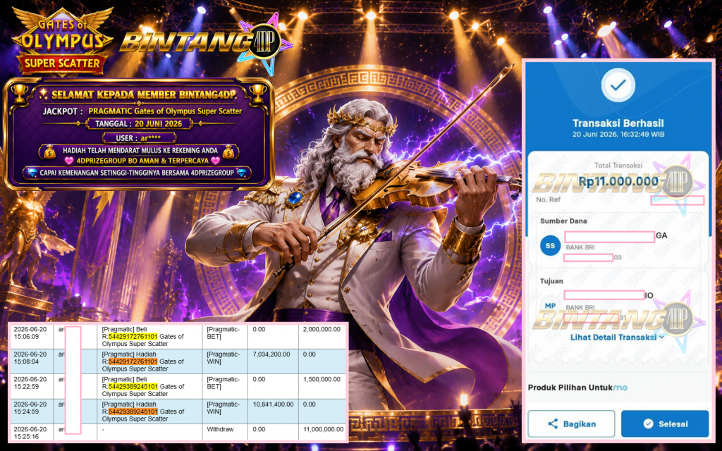 BINTANG4DP JACKPOT PRAGMATIC “Gates of Olympus Super Scatter” Rp11.000.000,- LUNAS