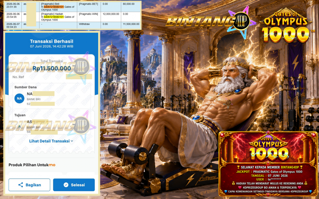 BINTANG4DP JACKPOT PRAGMATIC “Gates of Olympus 1000″ Rp11.500.000,- LUNAS