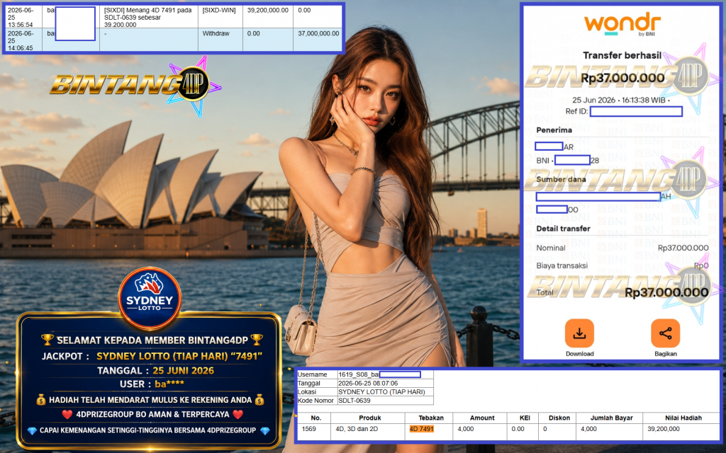 BINTANG4DP JACKPOT SYDNEY LOTTO (TIAP HARI) “7491”‎‏‏‎ Rp37.000.000,- LUNAS