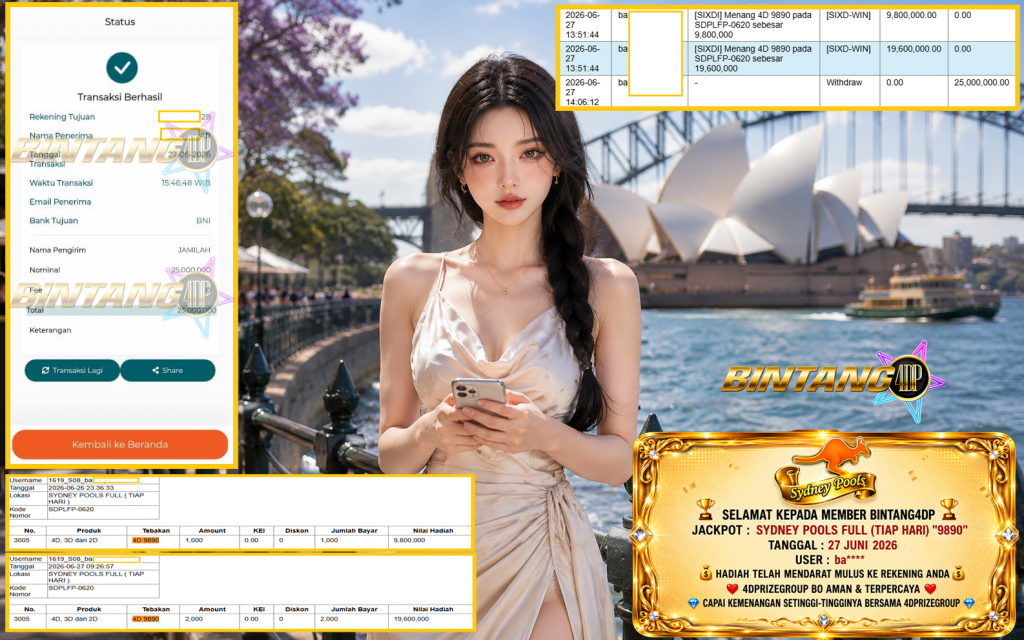 BINTANG4DP JACKPOT SYDNEY POOLS FULL (TIAP HARI) “9890”‎‏‏‎ Rp25.000.000,- LUNAS