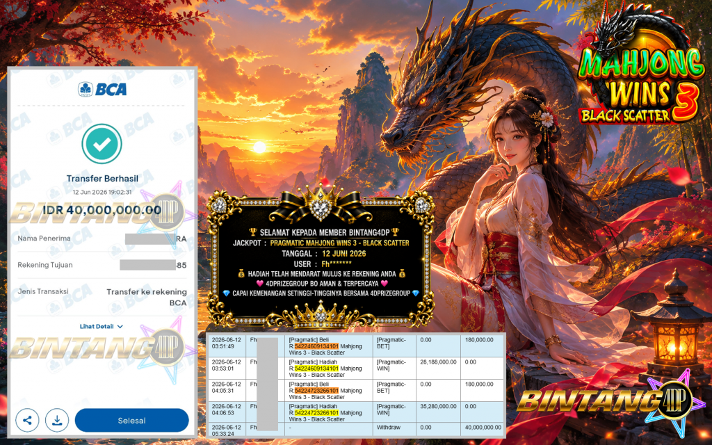 BINTANG4DP JACKPOT PRAGMATIC “Mahjong Wins 3 – Black Scatter” Rp40.000.000,- LUNAS