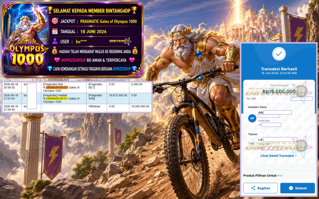 BINTANG4DP JACKPOT PRAGMATIC “Gates of Olympus 1000″‎‏‏‎‎ Rp19.000.000,- LUNAS