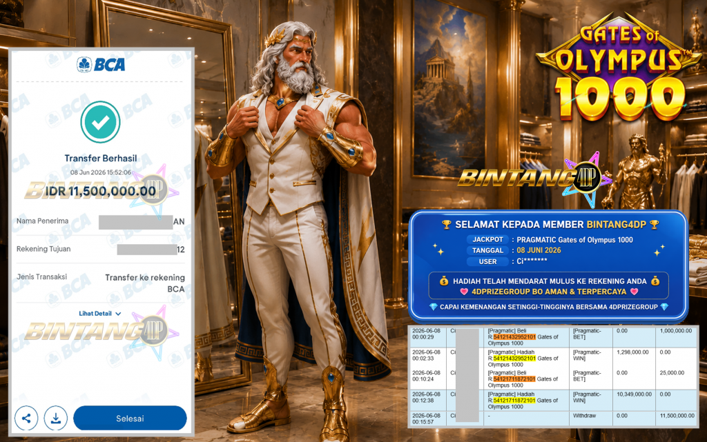 BINTANG4DP JACKPOT PRAGMATIC “Gates of Olympus 1000″‎‏‏‎‎ Rp11.500.000,- LUNAS