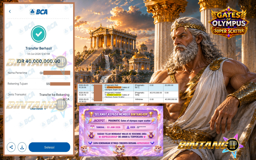 BINTANG4DP JACKPOT PRAGMATIC “Gates of Olympus Super Scatter”‎‏‏‎‎ Rp40.000.000,- LUNAS