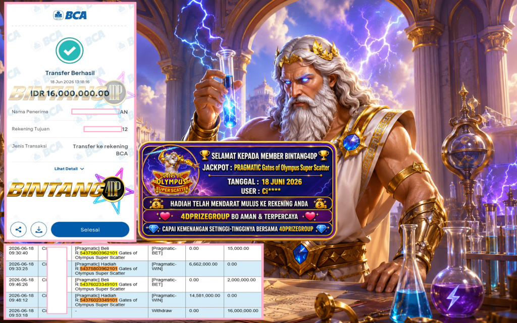 BINTANG4DP JACKPOT PRAGMATIC “Gates of Olympus Super Scatter” Rp16.000.000,- LUNAS