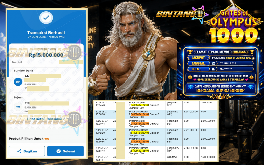 BINTANG4DP JACKPOT PRAGMATIC “Gates of Olympus 1000″ Rp15.000.000,- LUNAS