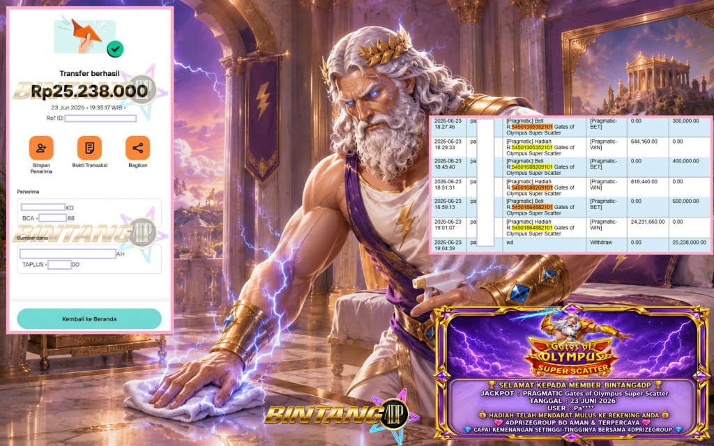 BINTANG4DP JACKPOT PRAGMATIC “Gates of Olympus Super Scatter” Rp25.238.000,- LUNAS