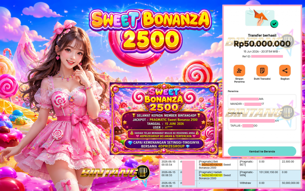 BINTANG4DP JACKPOT PRAGMATIC “Sweet Bonanza 2500″‎‏‏‎‎ Rp100.000.000,- LUNAS