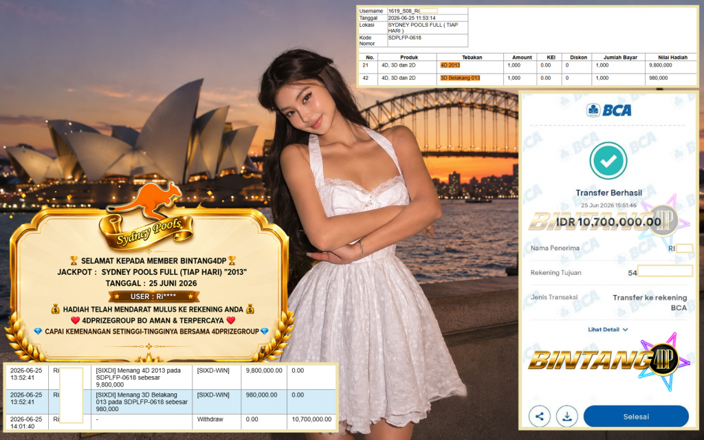 BINTANG4DP JACKPOT SYDNEY POOLS FULL (TIAP HARI) “2013”‎‏‏‎ Rp10.700.000,- LUNAS