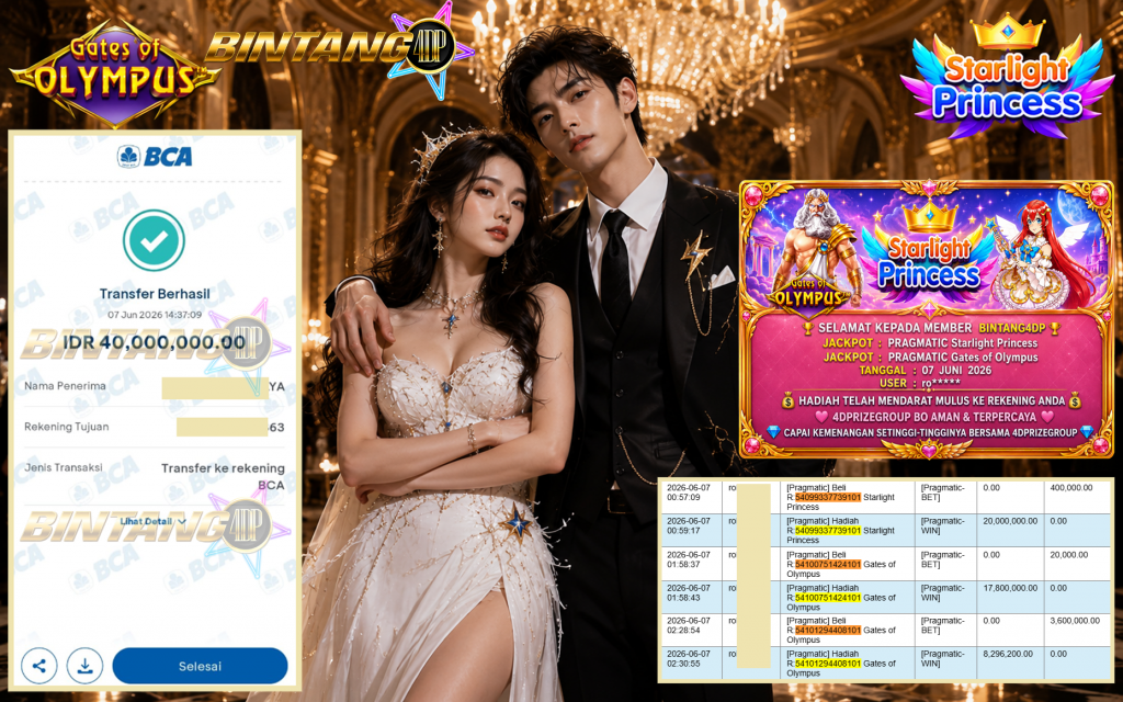 BINTANG4DP JACKPOT PRAGMATIC “Starlight Princess” & “Gates of Olympus” Rp40.000.000,- LUNAS