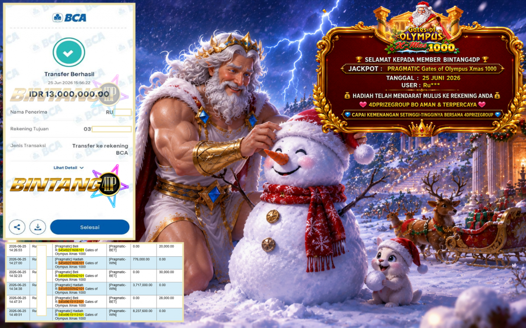 BINTANG4DP JACKPOT PRAGMATIC “Gates of Olympus Xmas 1000″‎‏‏‎‎ Rp13.000.000,- LUNAS