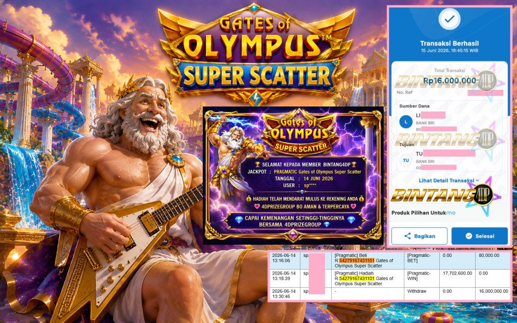 BINTANG4DP JACKPOT PRAGMATIC “Gates of Olympus Super Scatter”‎‏‏‎‎ Rp16.000.000,- LUNAS