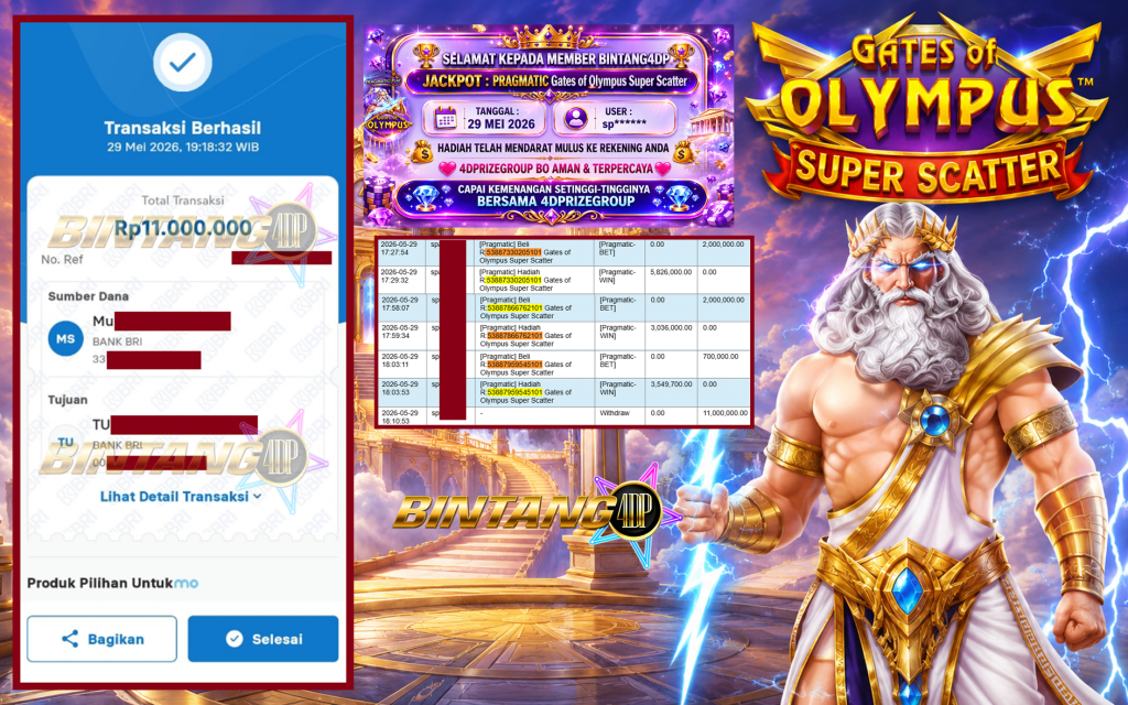 BINTANG4DP JACKPOT PRAGMATIC “Gates of Olympus Super Scatter”‎‏‏‎‎ Rp11.000.000,- LUNAS