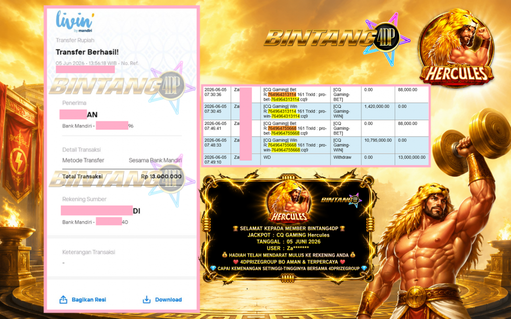 BINTANG4DP JACKPOT CQ GAMING βHerculesβ Rp13.000.000,- LUNAS