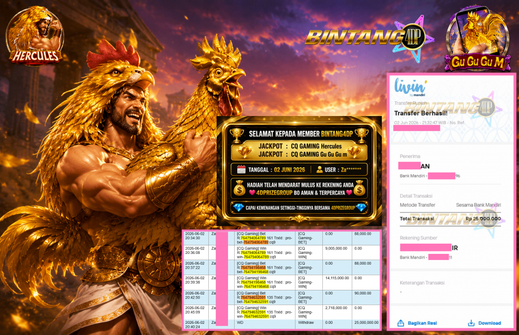 BINTANG4DP JACKPOT CQ GAMING “Hercules” & CQ GAMING “Gu Gu Gu m” Rp25.000.000,- LUNAS