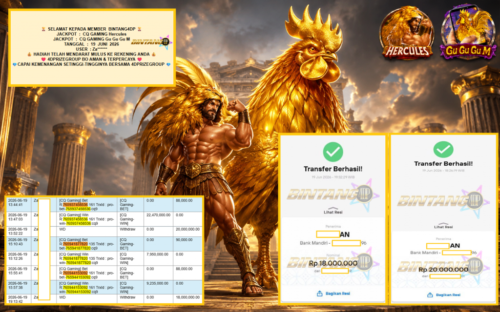 BINTANG4DP JACKPOT CQ GAMING βHerculesβ & βGu Gu Gu Mβ Rp38.000.000,- LUNAS
