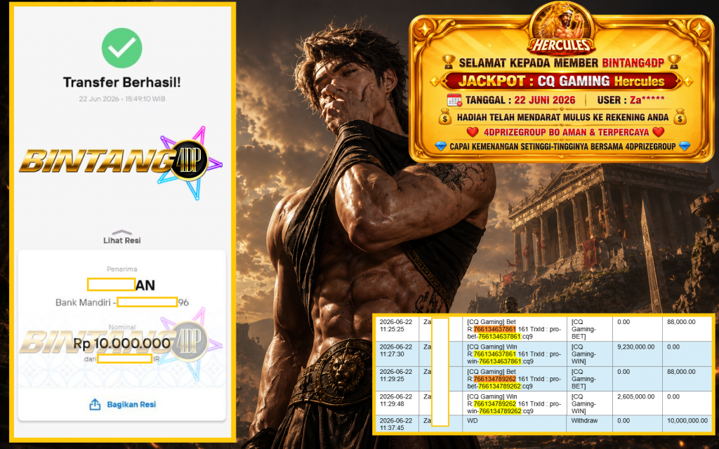 BINTANG4DP JACKPOT CQ GAMING “Hercules” Rp10.000.000,- LUNAS