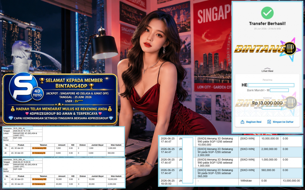 BINTANG4DP JACKPOT SINGAPORE 4D (SELASA & JUMAT OFF) “4990”‎‏‏‎ Rp13.000.000,- LUNAS