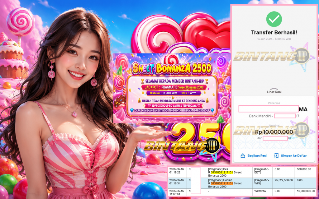 BINTANG4DP JACKPOT PRAGMATIC “Sweet Bonanza 2500″‎‏‏‎‎ Rp10.000.000,- LUNAS
