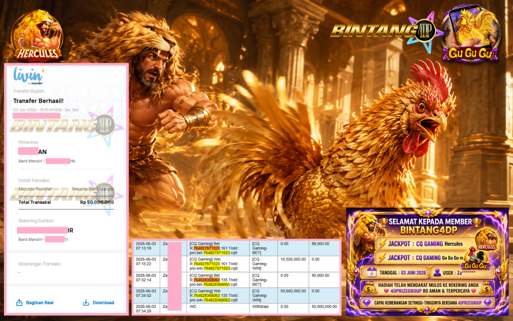 BINTANG4DP JACKPOT CQ GAMING “Hercules” & “Gu Gu Gu M” Rp50.000.000,- LUNAS
