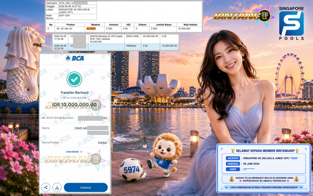 BINTANG4DP JACKPOT SINGAPORE 4D (SELASA & JUMAT OFF) β5974βββββ Rp10.000.000,- LUNAS