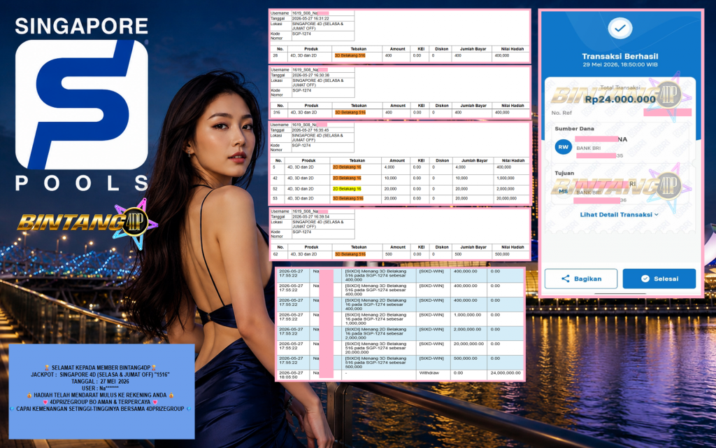 BINTANG4DP JACKPOT SINGAPORE 4D (SELASA & JUMAT OFF) “1516”‎‏‏‎ Rp24.000.000,- LUNAS