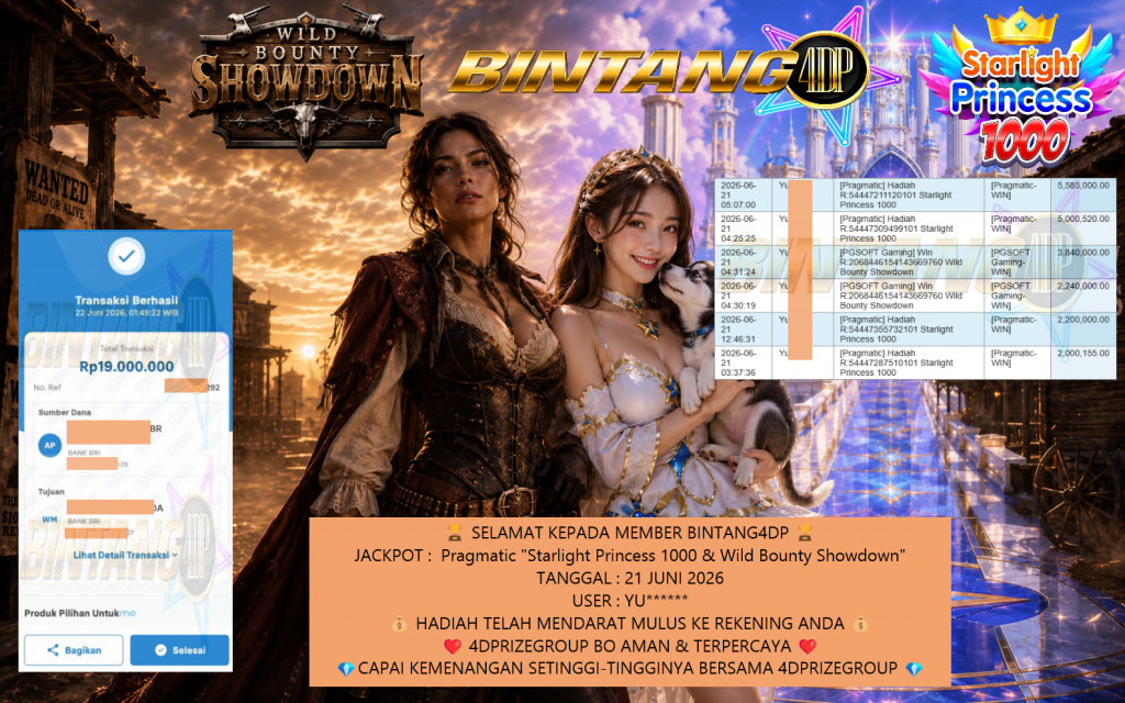 BINTANG4DP JACKPOT Pragmatic “Starlight Princess 1000 & Wild Bounty Showdown” Rp19.000.000,- LUNAS