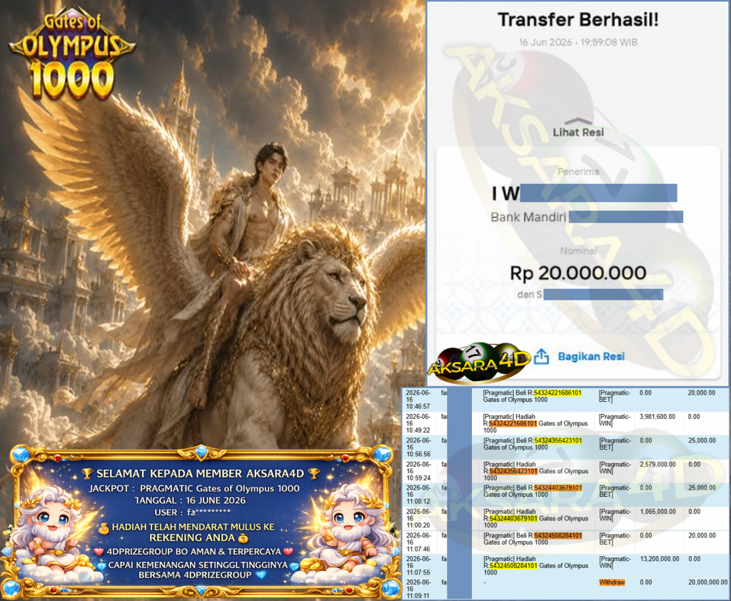 AKSARA4D JACKPOT PRAGMATIC ” Gates of Olympus 1000 ” Rp 20,000,000,- LUNAS