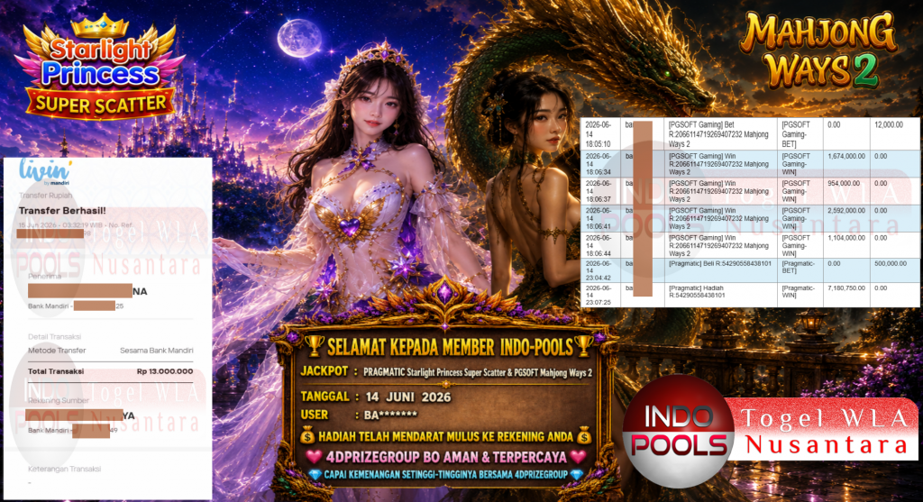 INDO-POOLS JACKPOT PRAGMATIC “Starlight Princess Super Scatter & PGSOFT Mahjong Ways 2” Rp13.000.000,- LUNAS