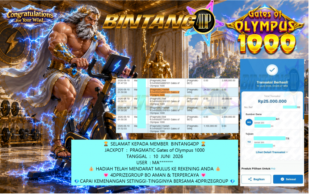 BINTANG4DP JACKPOT PRAGMATIC “Gates of Olympus 1000” Rp25.000.000,- LUNAS