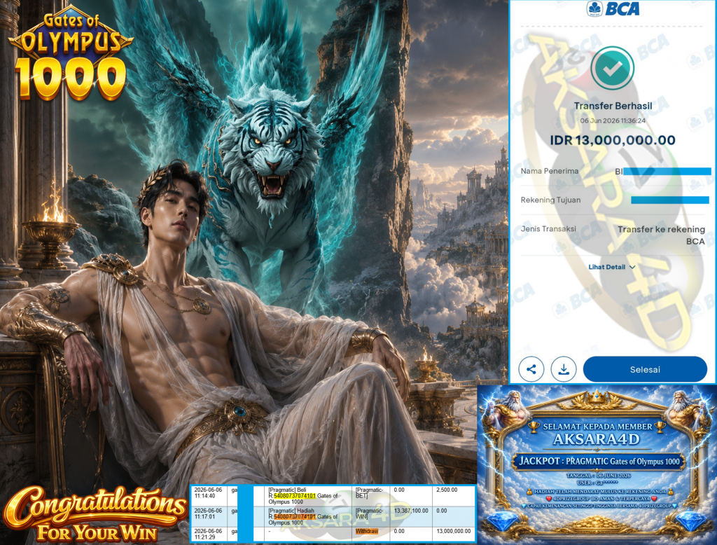 AKSARA4D JACKPOT PRAGMATIC ” Gates of Olympus 1000 ” Rp 13,000,000,- LUNAS
