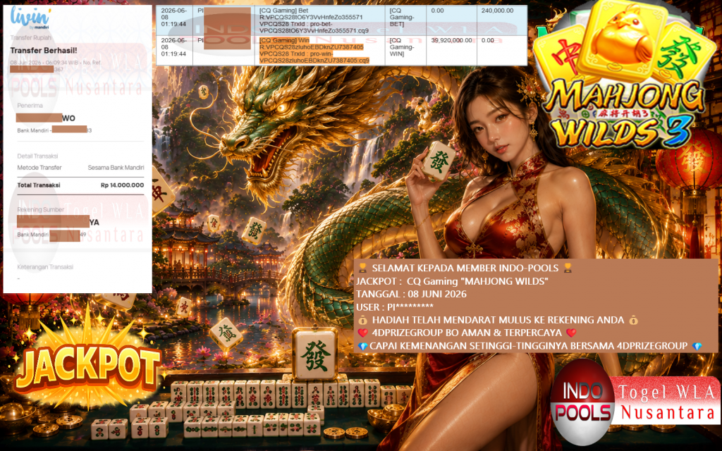 INDO-POOLS JACKPOT CQ Gaming “MAHJONG WILDS” Rp34.000.000,- LUNAS
