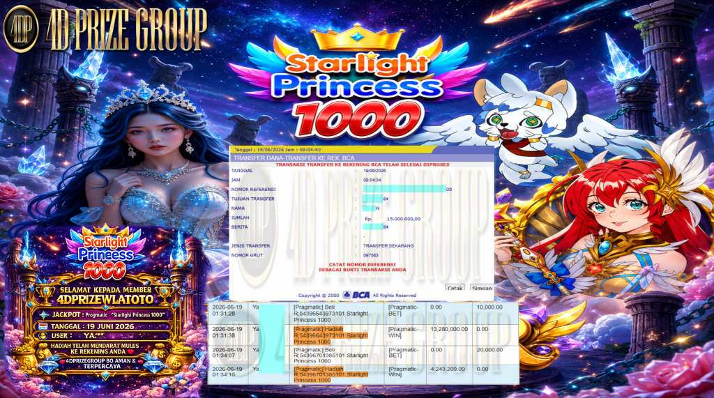 4DPRIZEWLATOTO JACKPOT Pragmatic βStarlight Princess 1000β Rp15.000.000,- LUNAS