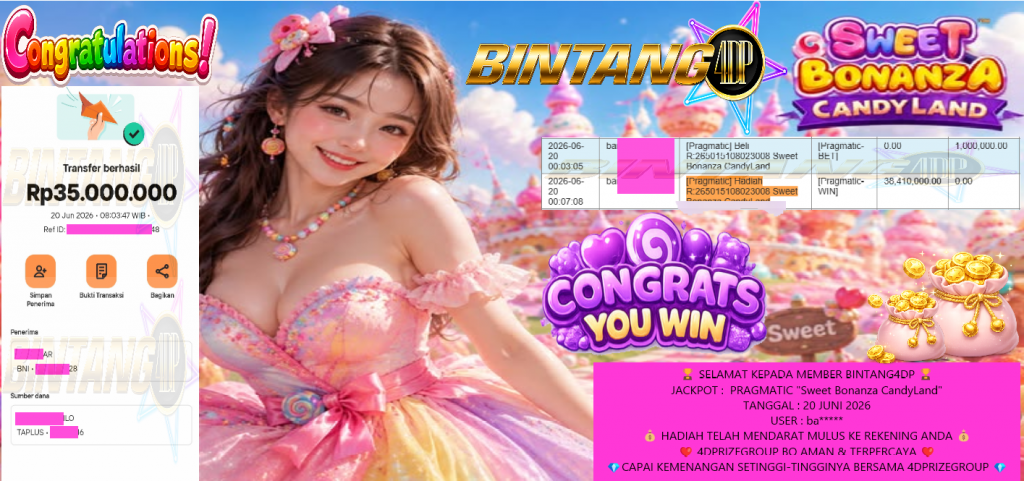 BINTANG4DP JACKPOT PRAGMATIC βSweet Bonanza CandyLandβ Rp35.044.000,- LUNAS