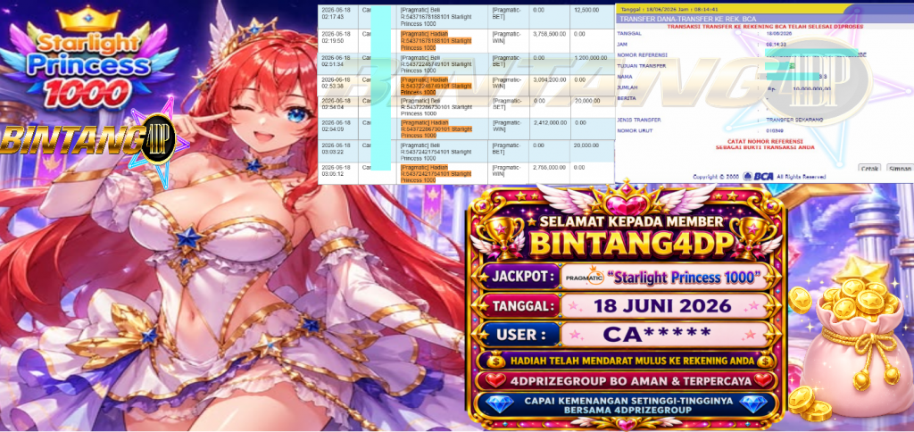 BINTANG4DP JACKPOT PRAGMATIC “Starlight Princess 1000” Rp10.000.000,- LUNAS