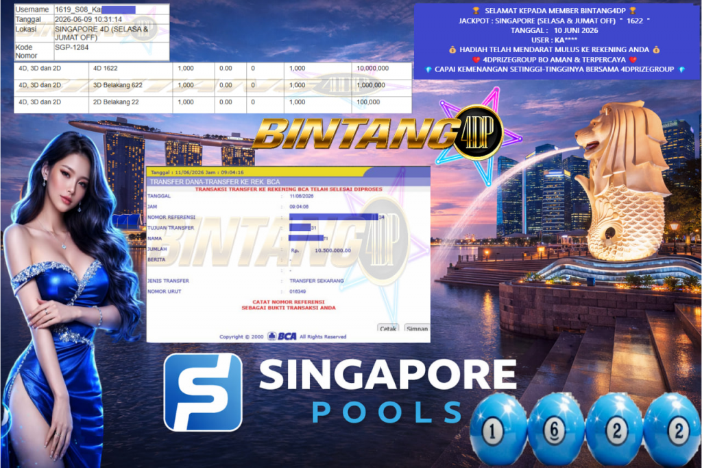 BINTANG4DP JACKPOT PASARAN ” SINGAPORE POOLS (SELASA & JUMAT OFF) ”1622” ” Rp 10,500,000,- LUNAS