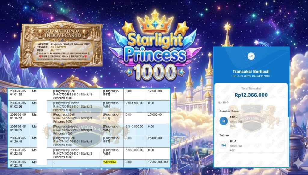 INDOVEGAS4D JACKPOT Pragmatic “Starlight Princess 1000” Rp12.366.000,- LUNAS