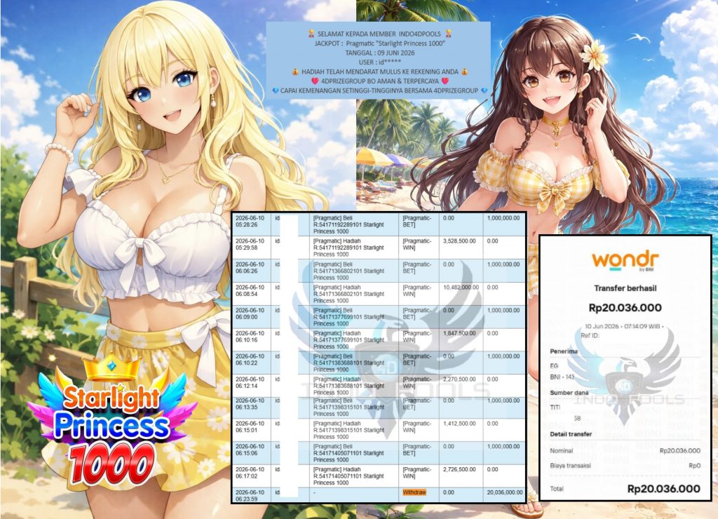 INDO4DPOOLS JACKPOT Pragmatic โStarlight Princess 1000โ Rp20.036.000,- LUNAS