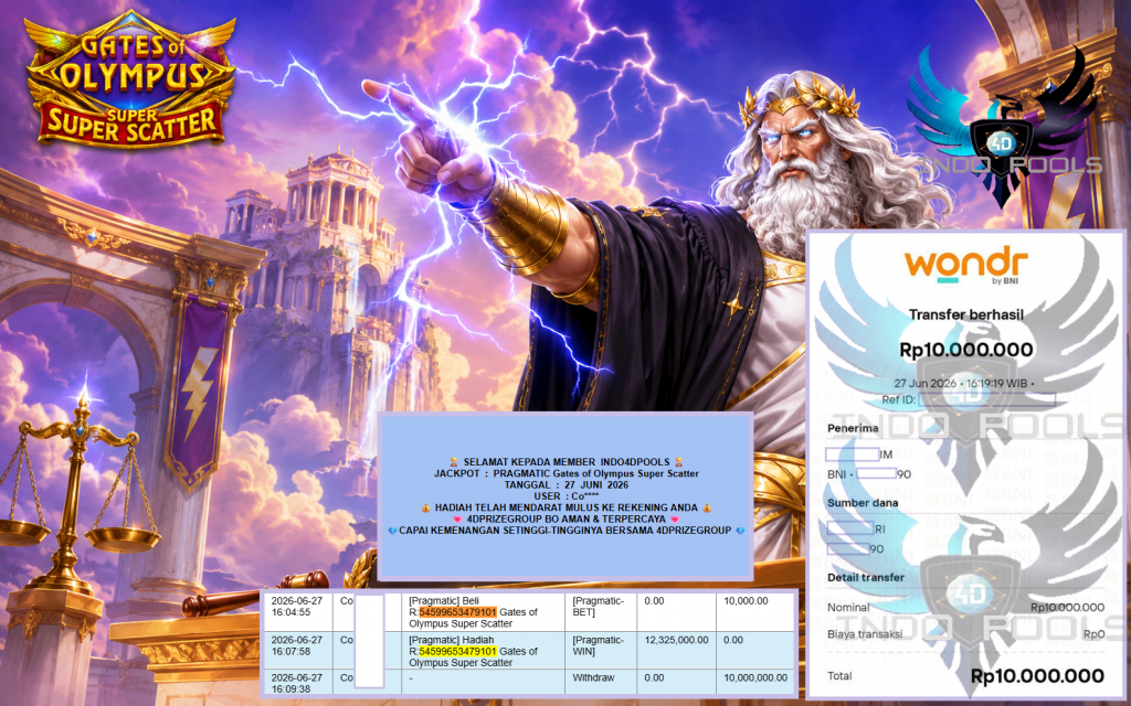 INDO4DPOOLS JACKPOT PRAGMATIC “Gates of Olympus Super Scatter”‎‏‏‎‎ Rp10.000.000,- LUNAS