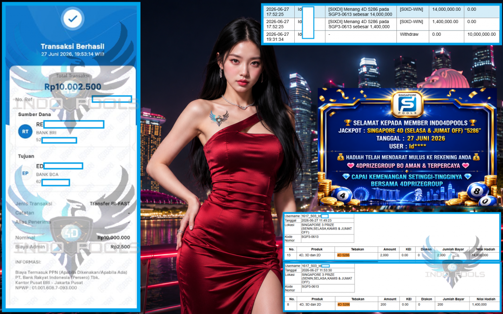 INDO4DPOOLS JACKPOT SINGAPORE 4D (SELASA & JUMAT OFF) “5286”‎‏‏‎ Rp10.000.000,- LUNAS