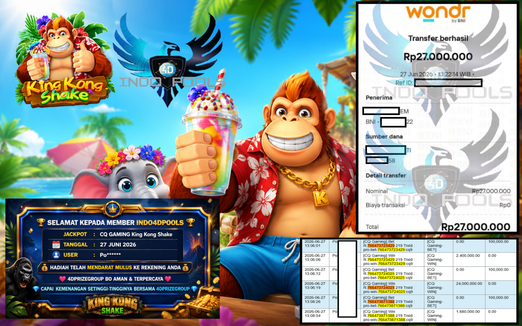 INDO4DPOOLS JACKPOT CQ GAMING “King Kong Shake” Rp27.000.000,- LUNAS