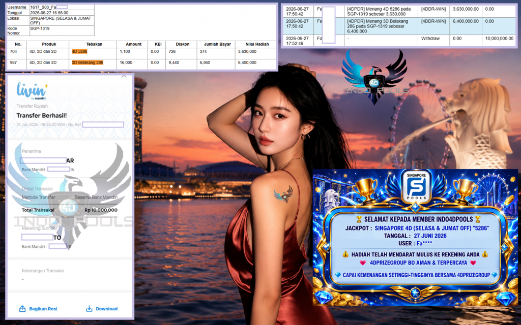INDO4DPOOLS JACKPOT SINGAPORE 4D (SELASA & JUMAT OFF) “5286”‎‏‏‎ Rp10.000.000,- LUNAS