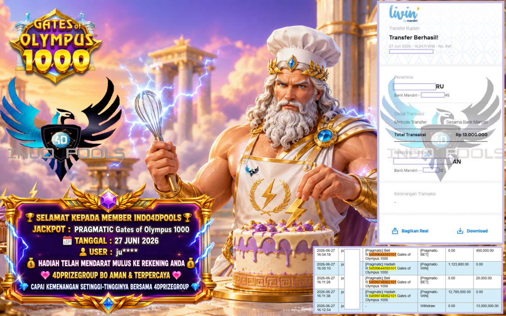 INDO4DPOOLS JACKPOT PRAGMATIC “Gates of Olympus 1000″‎‏‏‎‎ Rp13.000.000,- LUNAS