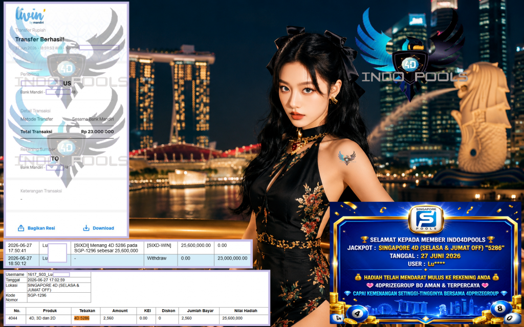 INDO4DPOOLS JACKPOT SINGAPORE 4D (SELASA & JUMAT OFF) “5286”‎‏‏‎ Rp23.000.000,- LUNAS